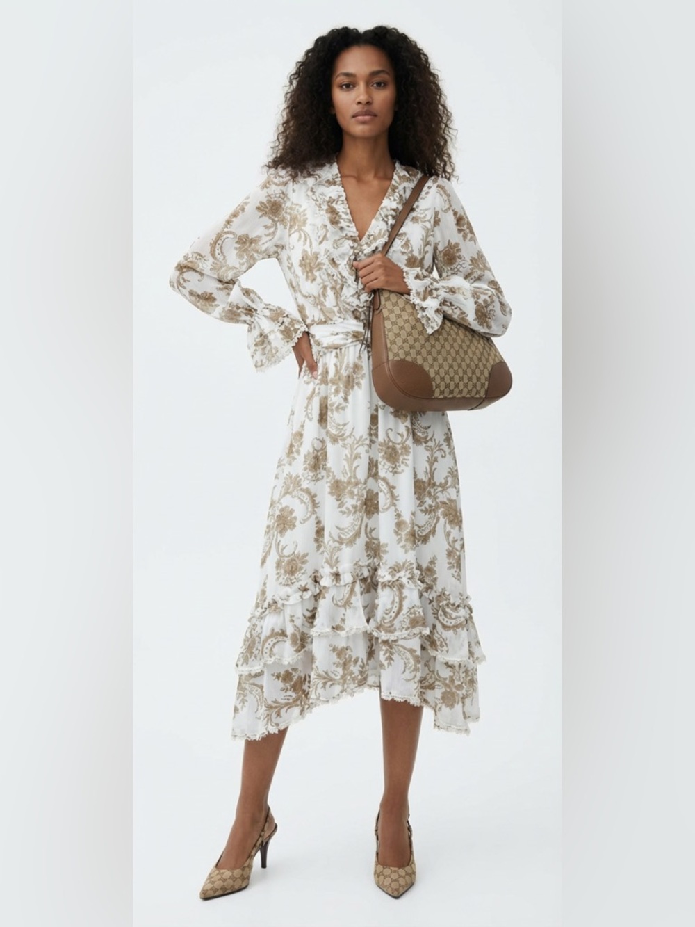 Ungaro Floral Paisley Ruffle Maxi Dress XXL Cream Gold NWOT - Picture 3 of 14